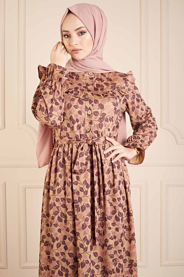 MD - Yaprak Desenli Fırfırlı Elbise 100MD10139 Mor (1)