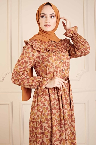 Yaprak Desenli Fırfırlı Tesettür Elbise 100MD10139 Taba - Thumbnail
