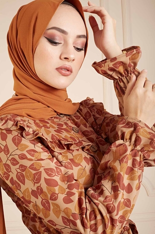 Yaprak Desenli Fırfırlı Tesettür Elbise 100MD10139 Taba - Thumbnail