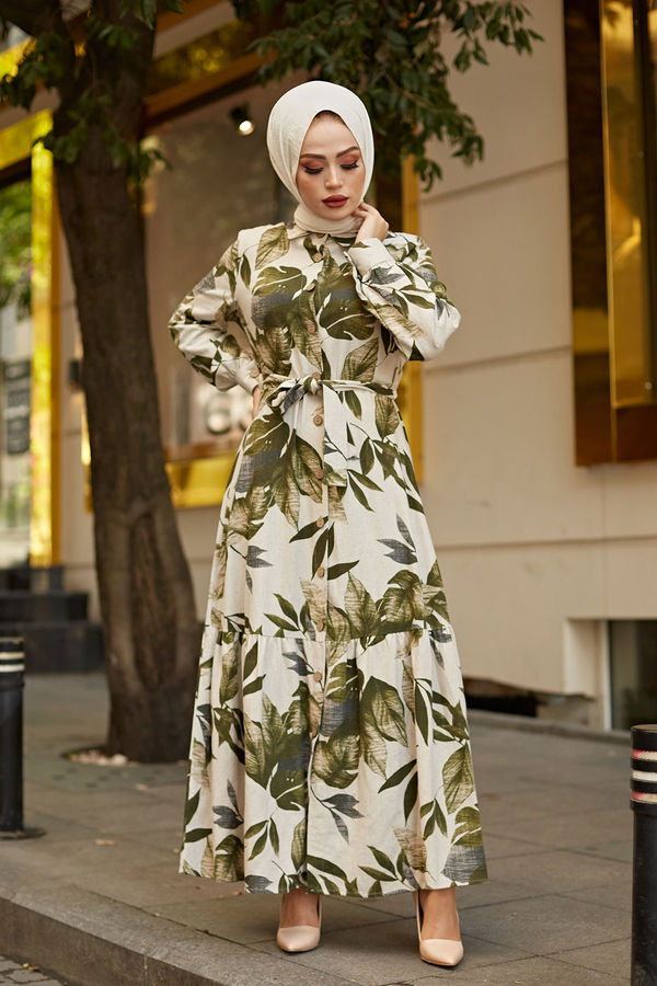 Yaprak Desenli Keten Elbise 7236-1 Haki