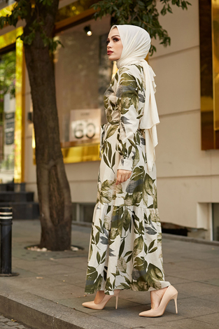 Yaprak Desenli Keten Elbise 7236-1 Haki - Thumbnail