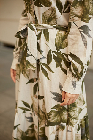 Yaprak Desenli Keten Elbise 7236-1 Haki - Thumbnail