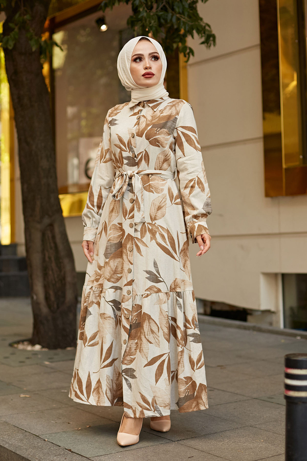  - Yaprak Desenli Keten Elbise 7236-2 Camel