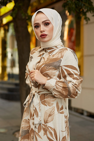 Yaprak Desenli Keten Elbise 7236-2 Camel - Thumbnail