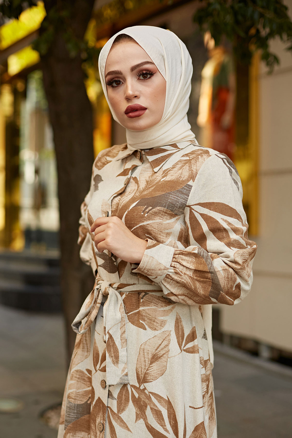  - Yaprak Desenli Keten Elbise 7236-2 Camel (1)