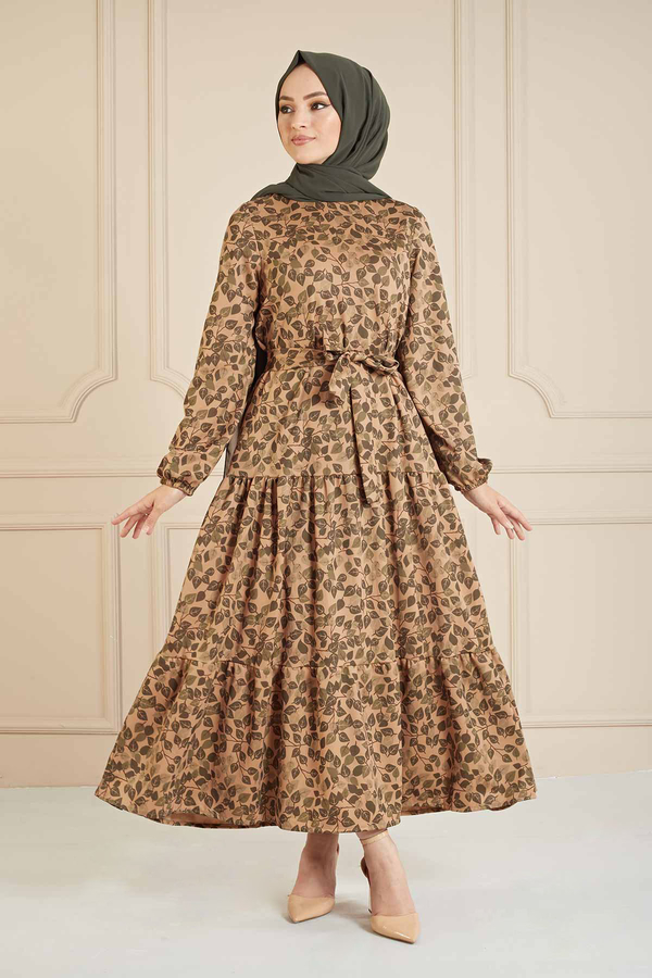 MD - Yaprak Desenli Salaş Elbise 100MD10138 Haki