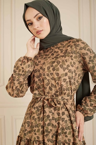 Yaprak Desenli Salaş Elbise 100MD10138 Haki - Thumbnail