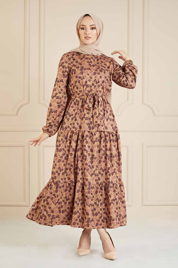 MD - Yaprak Desenli Salaş Elbise 100MD10138 Mor
