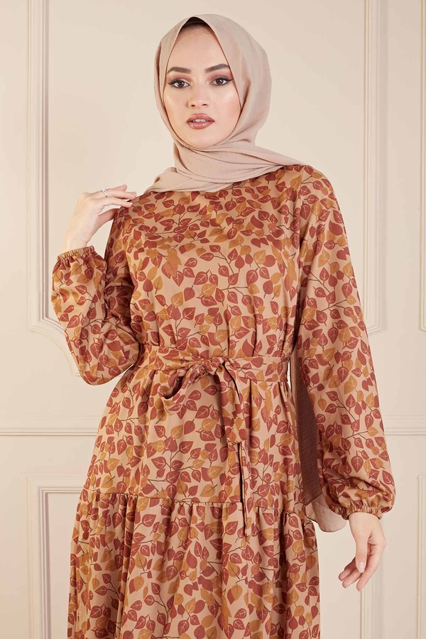 MD - Yaprak Desenli Salaş Elbise 100MD10138 Taba (1)