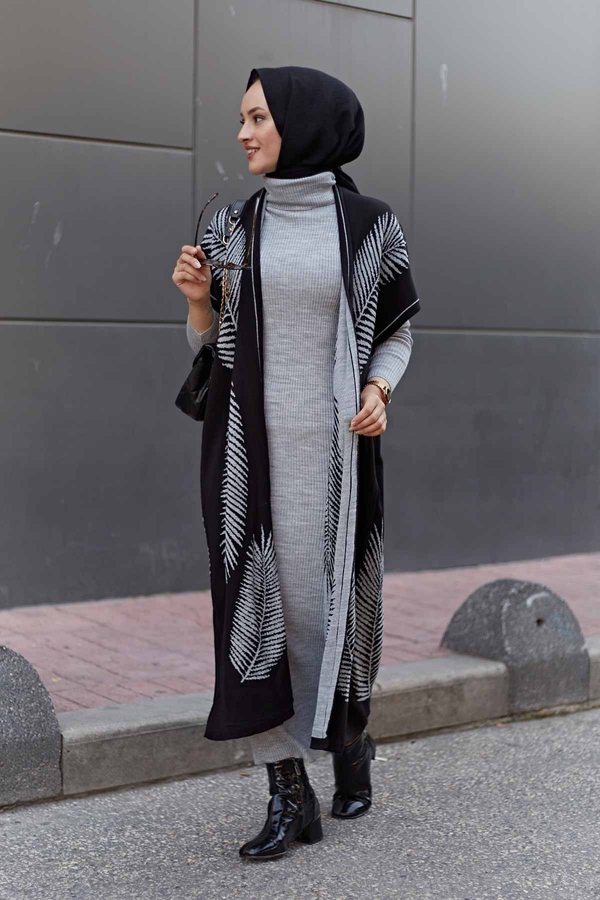  - Yaprak Desenli Triko İkili Takım 2216-6 Siyah-Gri