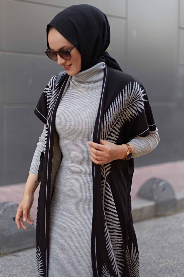  - Yaprak Desenli Triko İkili Takım 2216-6 Siyah-Gri (1)