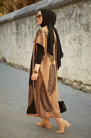 Yaprak Desenli Triko İkili Takım 2216-8 Camel - Thumbnail