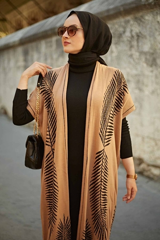 Yaprak Desenli Triko İkili Takım 2216-8 Camel - Thumbnail