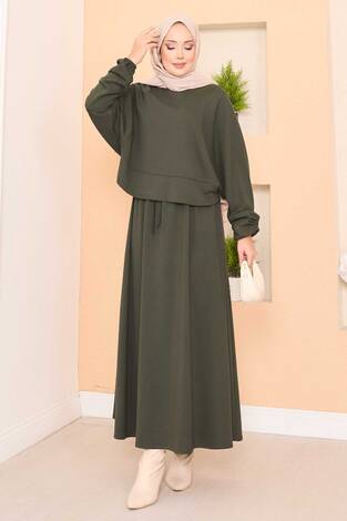 Yarasa Kol Crop Etek Tesettür Takım Haki - Thumbnail