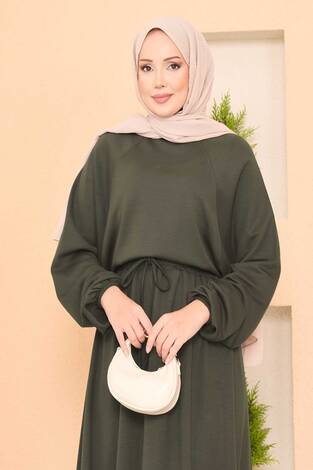 Yarasa Kol Crop Etek Tesettür Takım Haki - Thumbnail