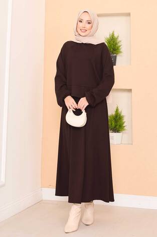 Yarasa Kol Crop Etek Tesettür Takım Kahve - Thumbnail