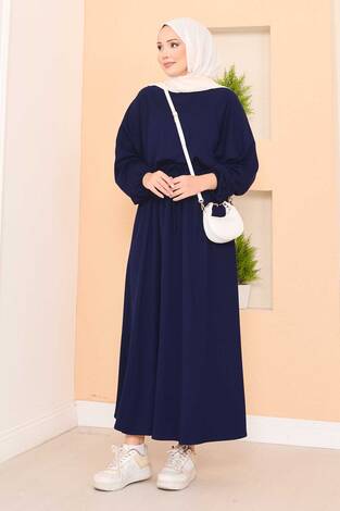 Yarasa Kol Crop Etek Tesettür Takım Lacivert - Thumbnail