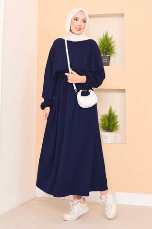 Yarasa Kol Crop Etek Tesettür Takım Lacivert - Thumbnail