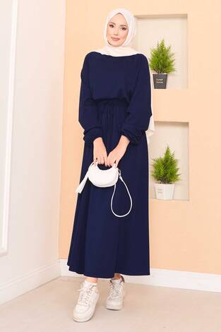Yarasa Kol Crop Etek Tesettür Takım Lacivert - Thumbnail