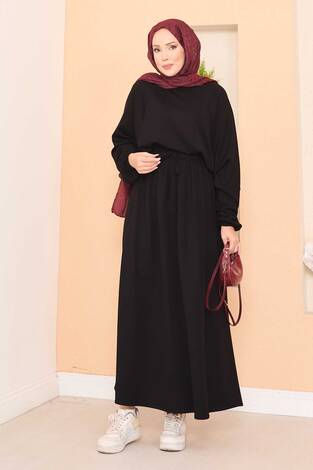 Yarasa Kol Crop Etek Tesettür Takım Siyah - Thumbnail