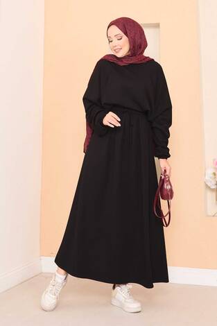 Yarasa Kol Crop Etek Tesettür Takım Siyah - Thumbnail