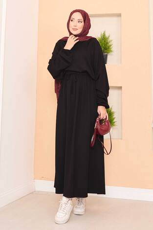 Yarasa Kol Crop Etek Tesettür Takım Siyah - Thumbnail