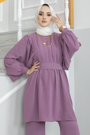 Yarasa Kol Drapeli Tesettür Takım Gülkurusu - Thumbnail