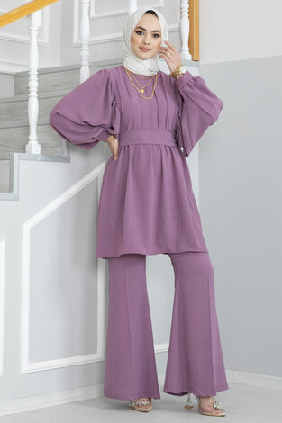 Yarasa Kol Drapeli Tesettür Takım Gülkurusu - Thumbnail