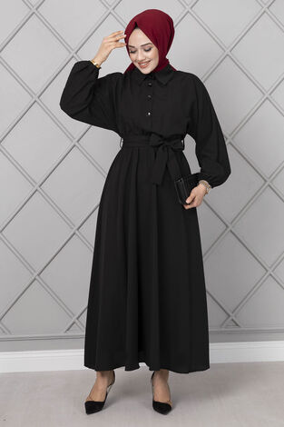 Yarasa Kol Düğmeli Elbise Siyah - Thumbnail