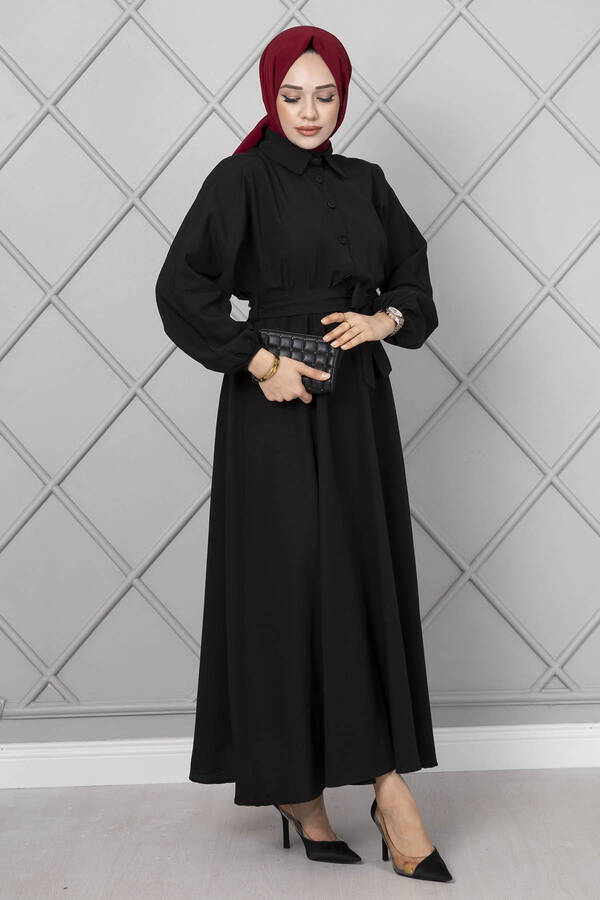 Yarasa Kol Düğmeli Elbise Siyah