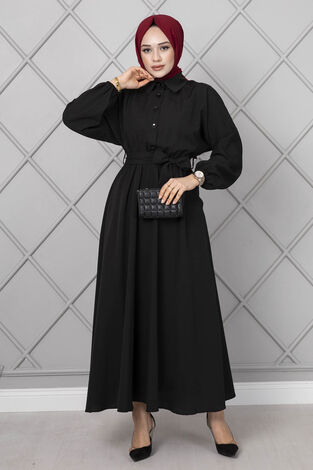 Yarasa Kol Düğmeli Elbise Siyah - Thumbnail