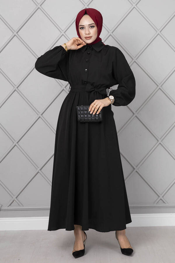 Yarasa Kol Düğmeli Elbise Siyah
