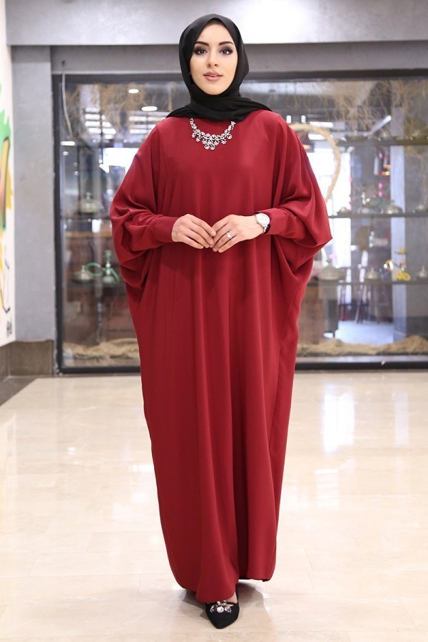 Yarasa Kol Ferace Elbise 5676-6 Kırmızı