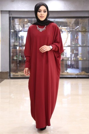 Yarasa Kol Ferace Elbise 5676-6 Kırmızı - Thumbnail