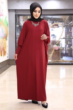 Yarasa Kol Ferace Elbise 5676-6 Kırmızı - Thumbnail