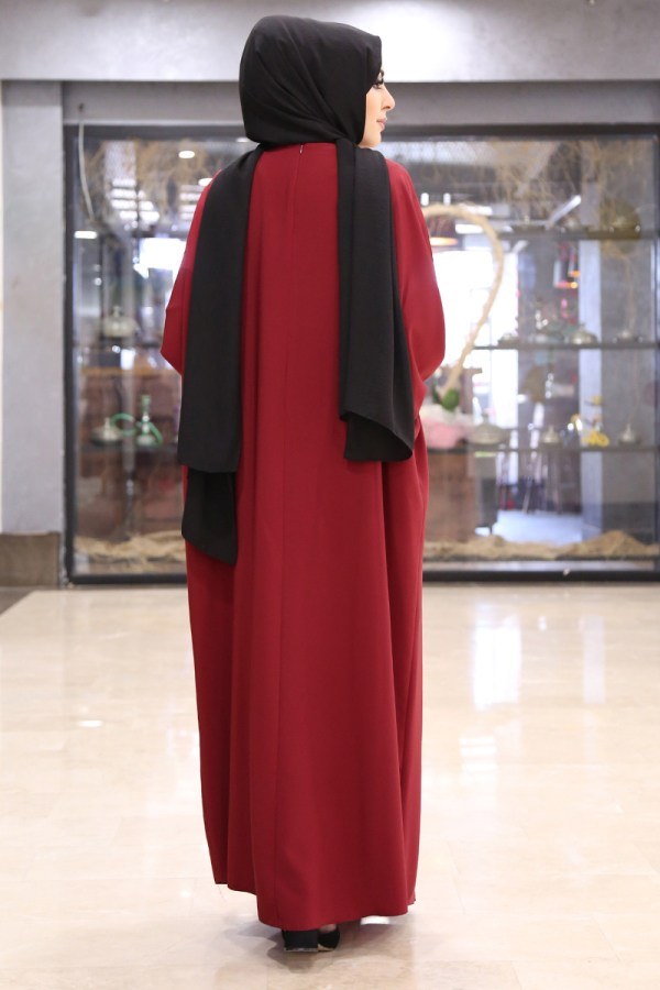 Yarasa Kol Ferace Elbise 5676-6 Kırmızı