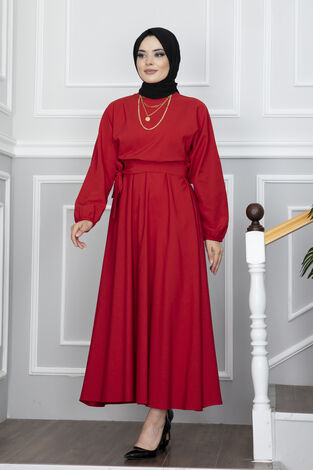 Yarasa Kol Kuşaklı Tesettür Elbise Kırmızı - Thumbnail