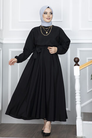 Yarasa Kol Kuşaklı Tesettür Elbise Siyah - Thumbnail