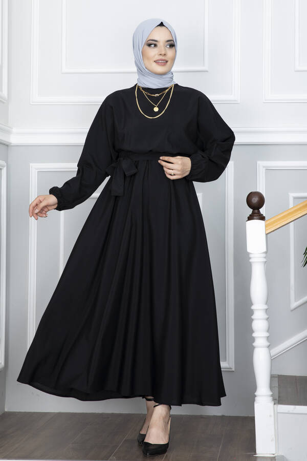 Yarasa Kol Kuşaklı Tesettür Elbise Siyah