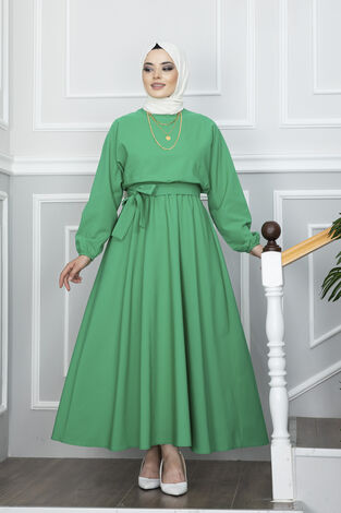 Yarasa Kol Kuşaklı Tesettür Elbise Yeşil - Thumbnail