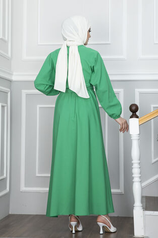 Yarasa Kol Kuşaklı Tesettür Elbise Yeşil - Thumbnail