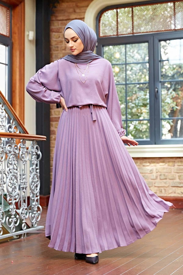 SAG - Yarasa Kol Pliseli Elbise 160SAG-3160 Lavanta
