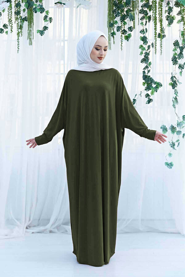 Yarasa Kol Salaş Uzun Tesettür Elbise 190E-6738 Haki