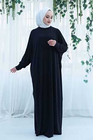 Yarasa Kol Salaş Ferace Elbise 190E-6738 Siyah - Thumbnail