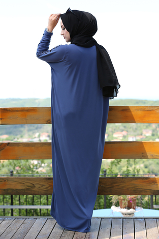 Yarasa Kol Sandy Elbise 190E-9293 İndigo - Thumbnail
