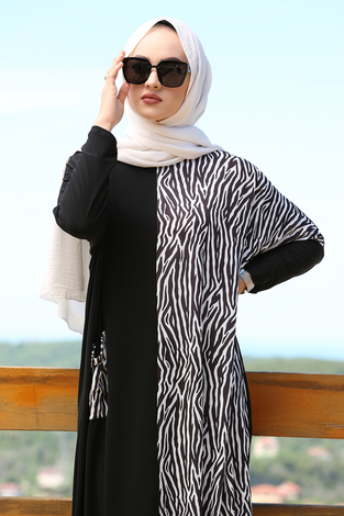 Yarasa Kol Sandy Elbise 190E-9293 Siyah Beyaz - Thumbnail