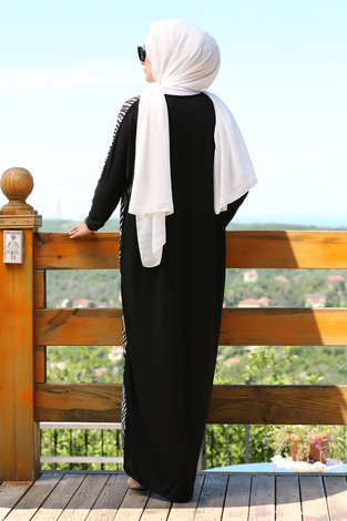 Yarasa Kol Sandy Elbise 190E-9293 Siyah Beyaz - Thumbnail