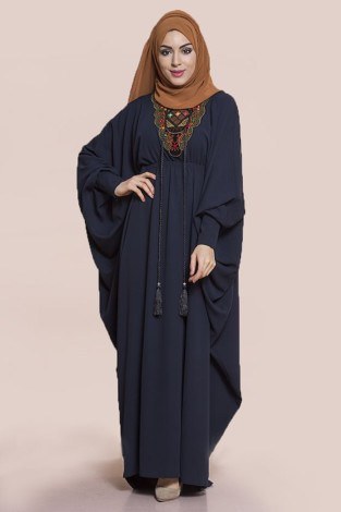 Yarasa Kol Taşlı Nakışlı Elbise modahayme3810-2-lacivert - Thumbnail