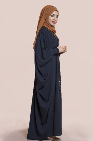 Yarasa Kol Taşlı Nakışlı Elbise modahayme3810-2-lacivert - Thumbnail