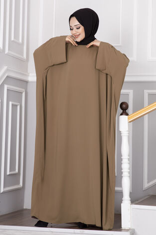 Yarasa Kol Tessetür Abaya Koyu Vizon - Thumbnail